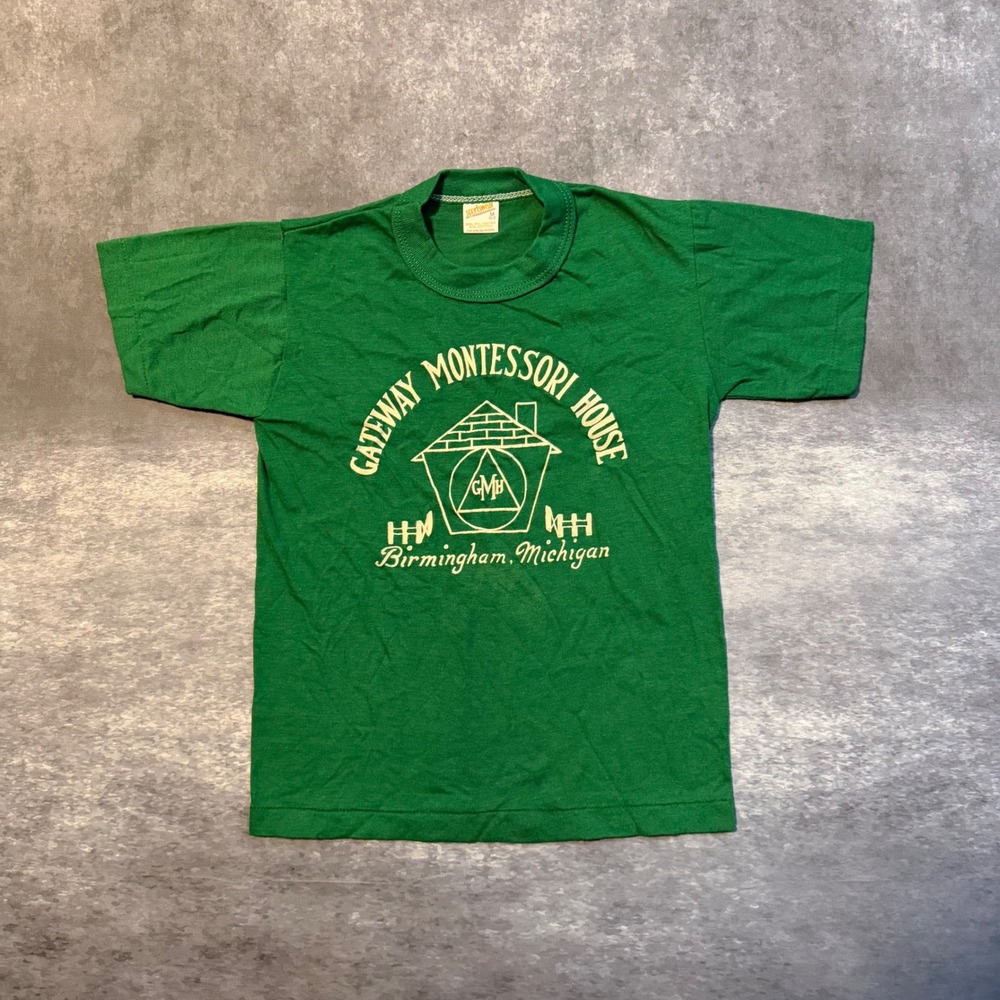Vintage Gateway Montessori House T Shirt Kids M 10-12 Green Single Stitch MI